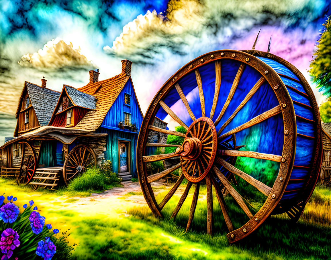 Colorful Thatched Cottages and Wooden Wheel in Rural Scene