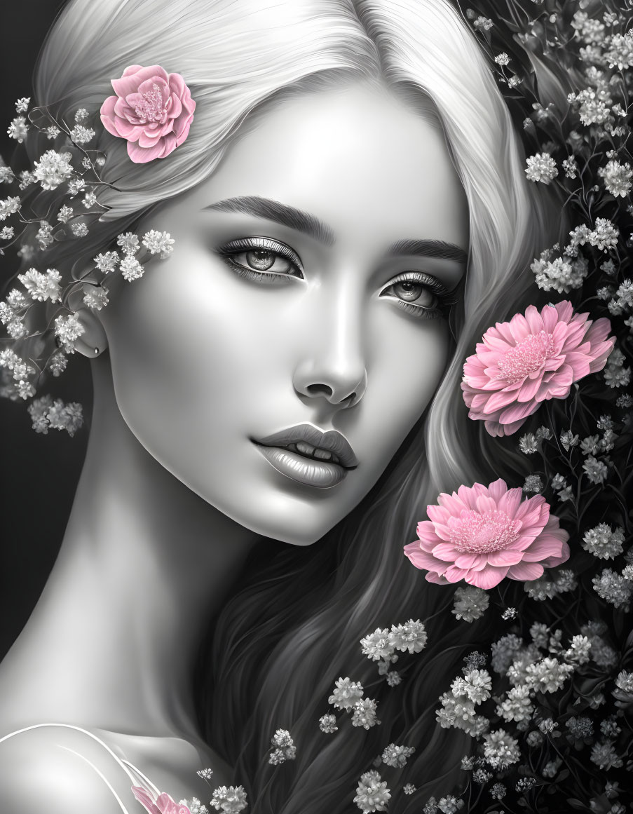 Detailed monochromatic portrait of a serene woman with pink flowers in hair.