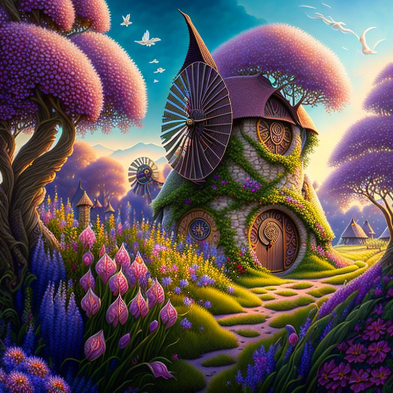 Fantasy hillside house with purple trees and windmill