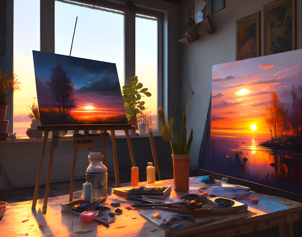 Sunset artist's studio with serene waterscape painting on easel