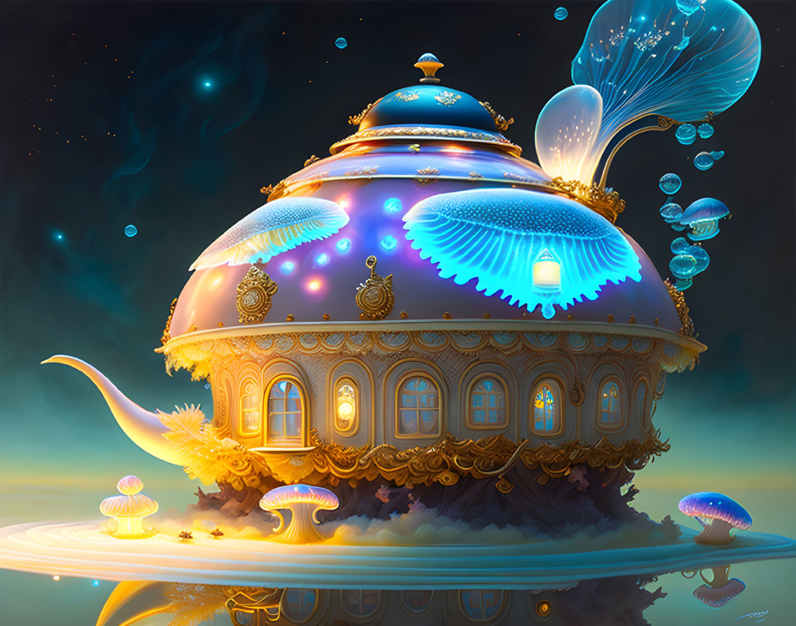 Surreal teapot structure with glowing jellyfish and feathers in dream-like setting