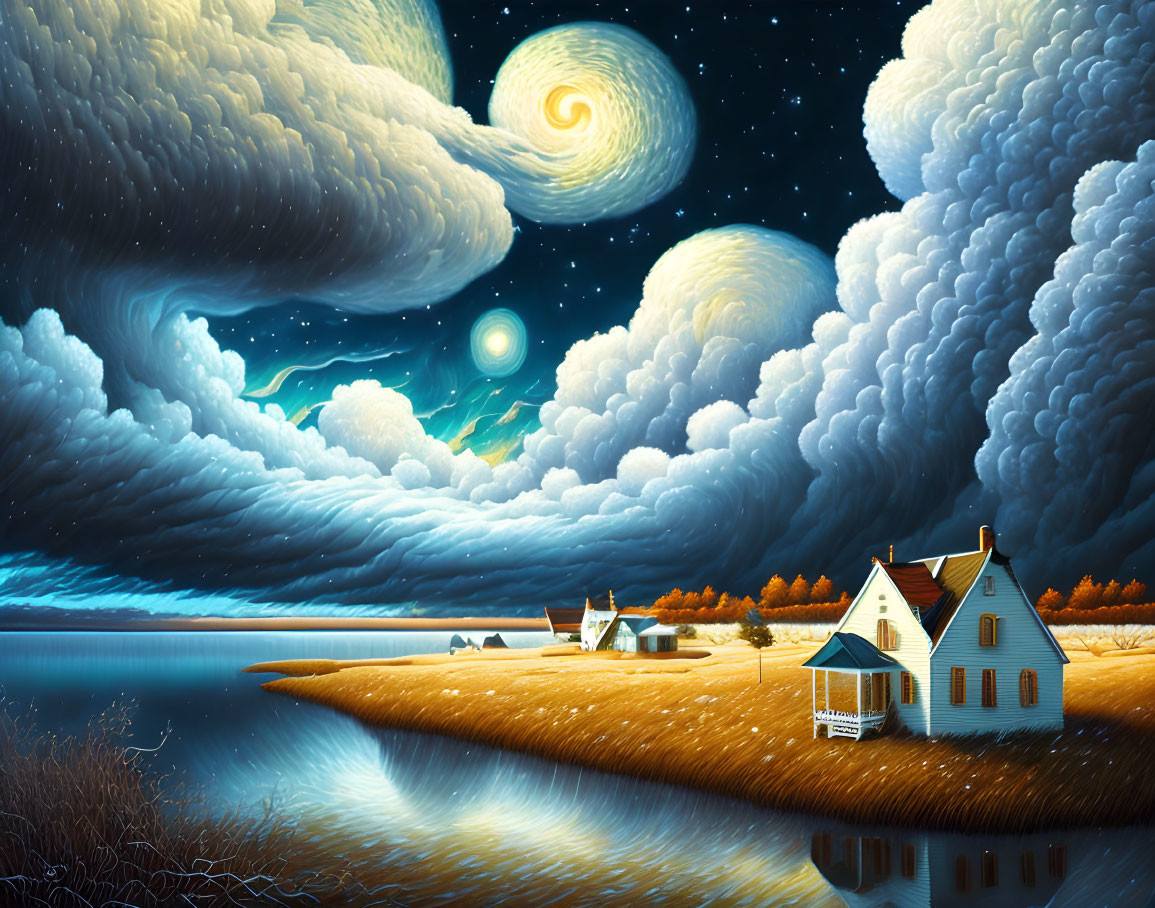 Swirling Clouds Over Starry Night Sky in Lakeside Village