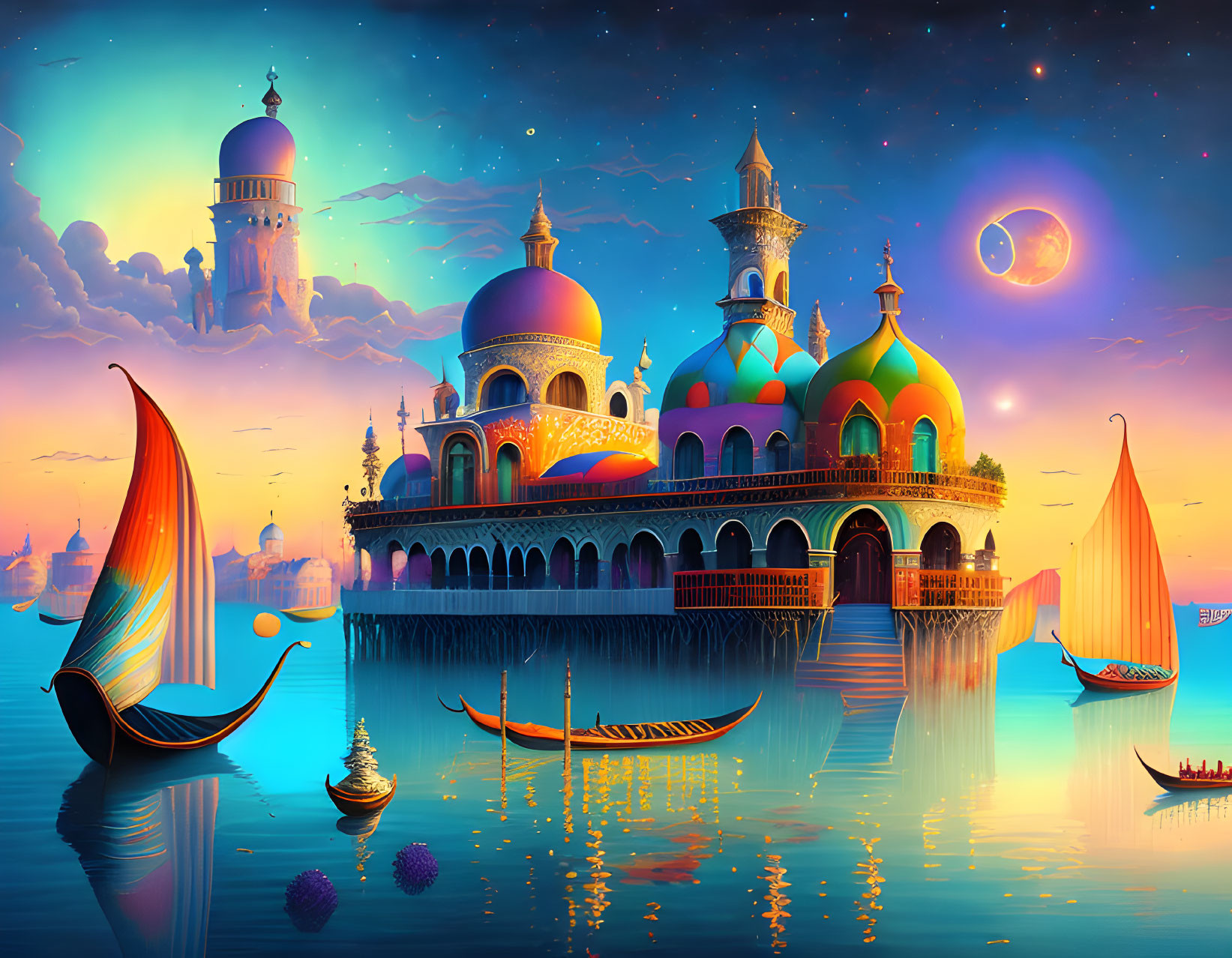 Colorful Fantasy Landscape with Domed Palaces and Gondolas