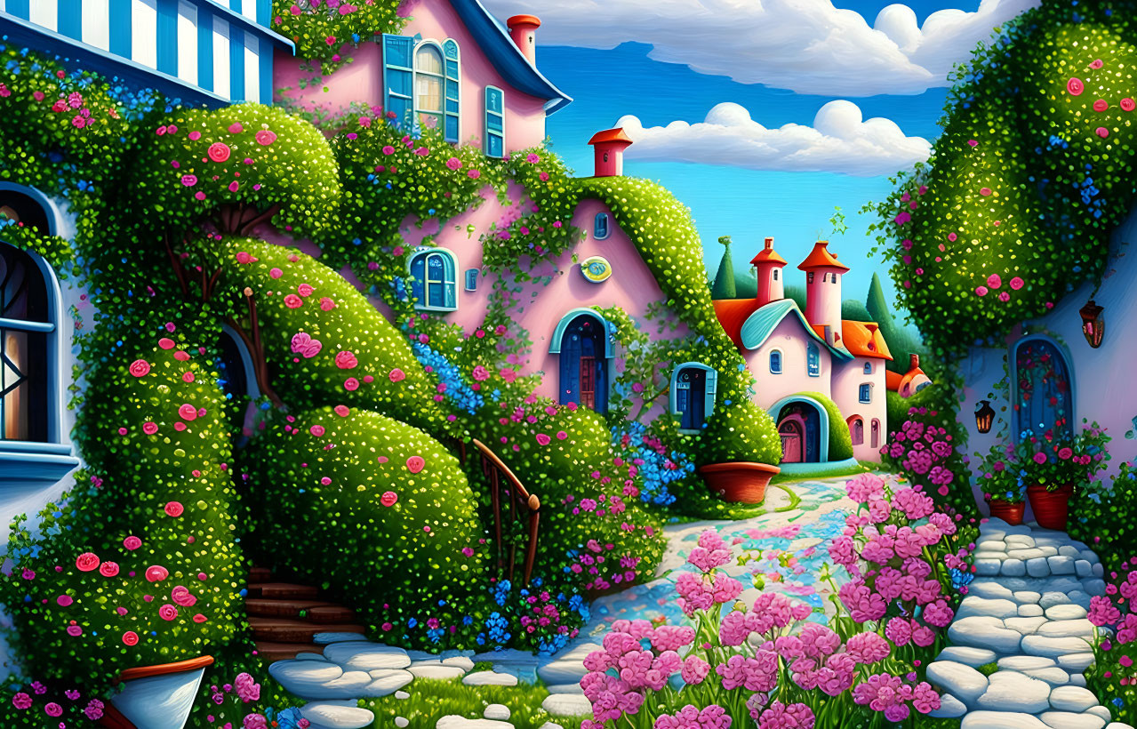 Colorful Storybook Cottage Illustration with Lush Greenery