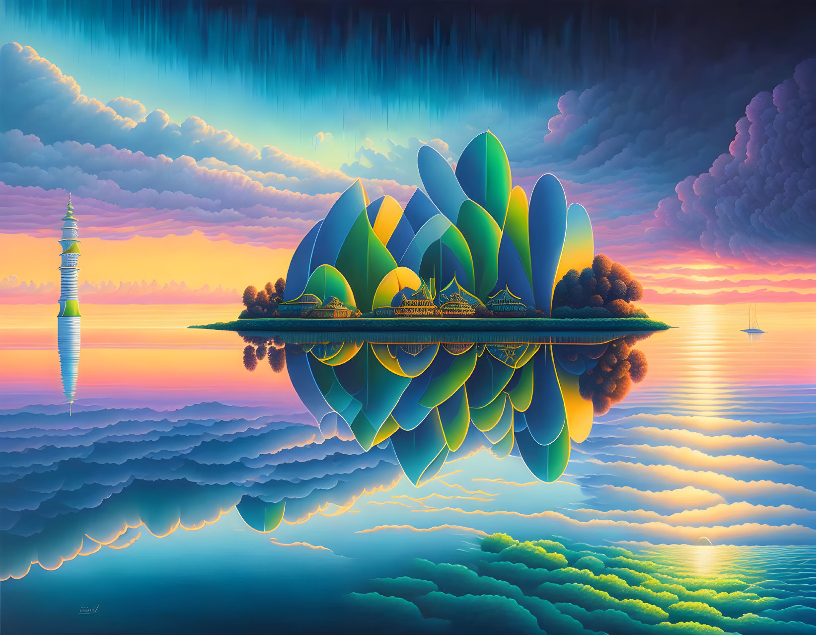 Colorful Surreal Landscape: Symmetrical Leaf Structure on Water