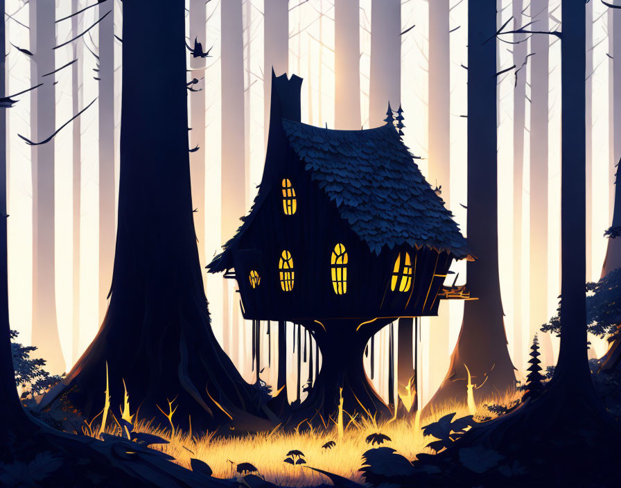 Whimsical house in tree with light in magical forest