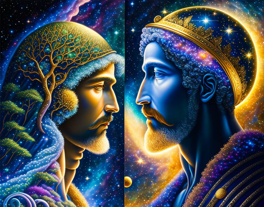 Stylized profile faces: tree and night sky vs. starry universe