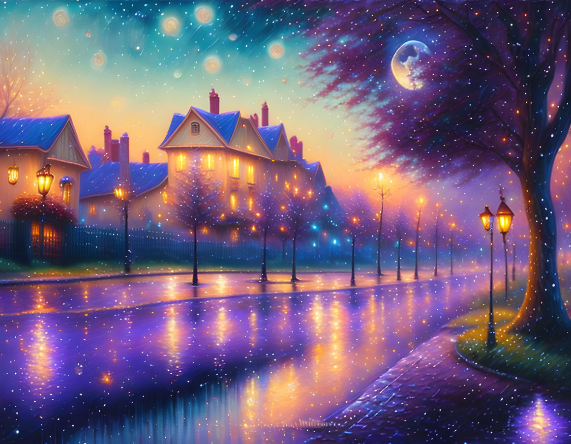 Starry night scene of glowing street lamps and crescent moon