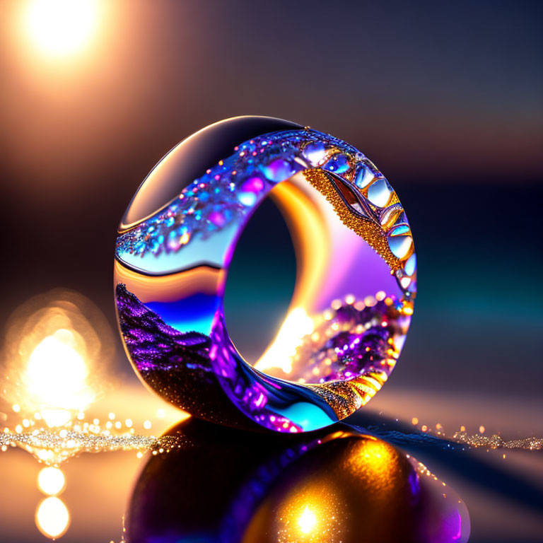 Colorful Mobius Strip Reflecting Lights on Sunset Bokeh Background