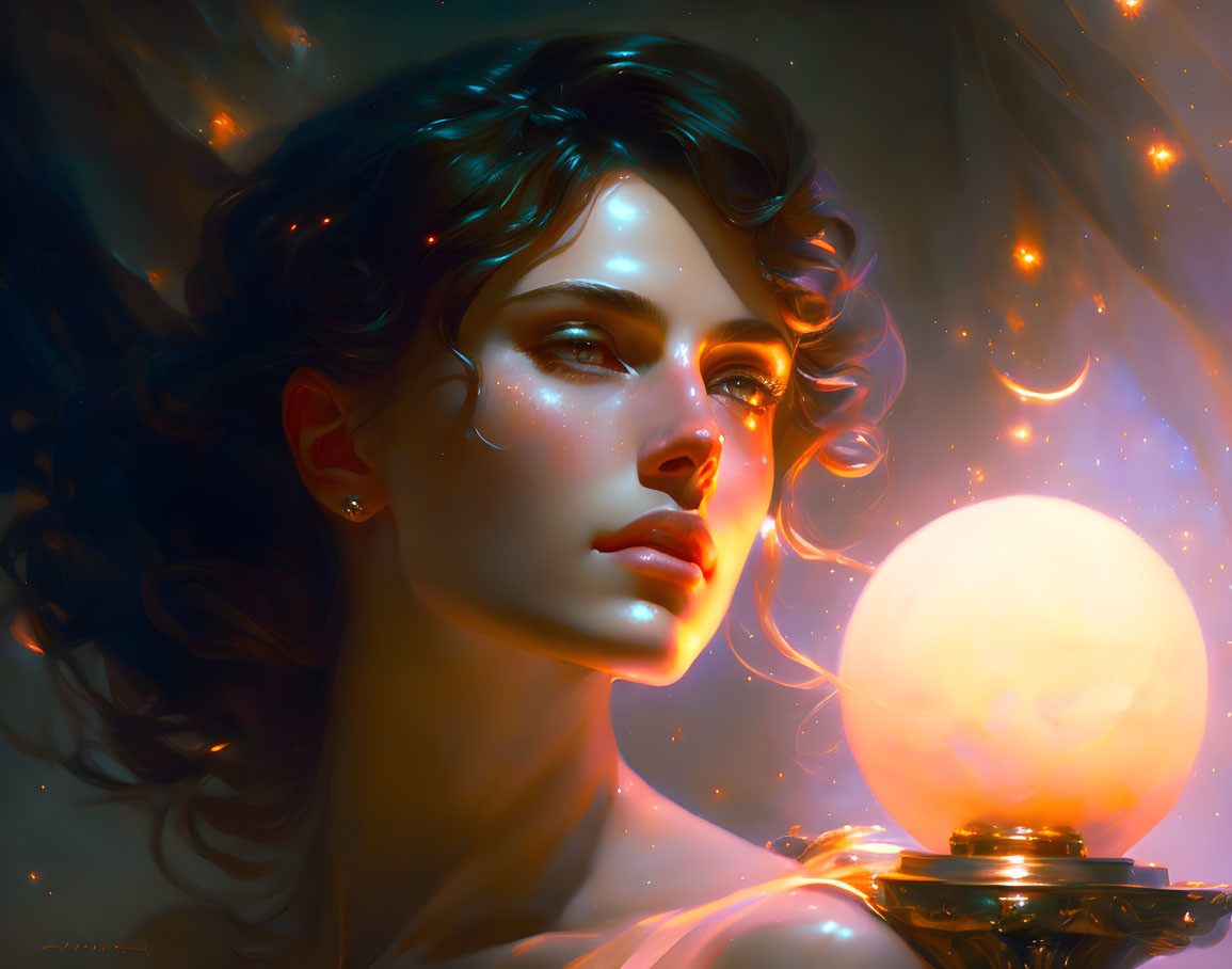 Curly-haired woman portrait with glowing orb and ethereal lights