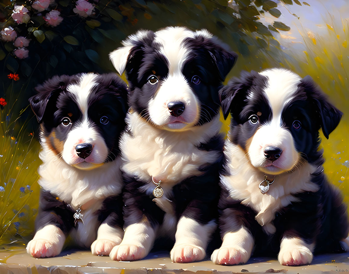 Three Bernese Mountain Dog Puppies in Sunny Garden Setting