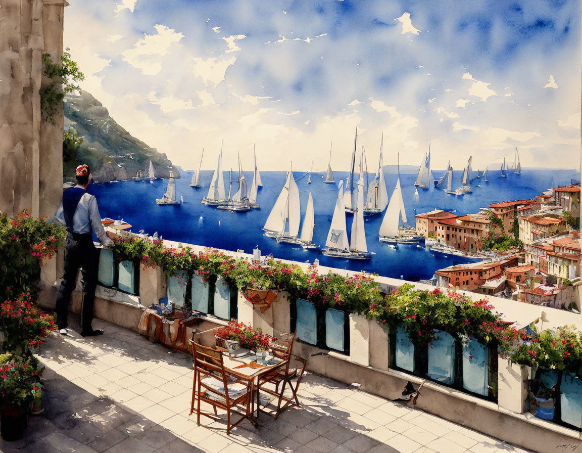 Sunlit terrace with flowers overlooking serene bay and sailboats