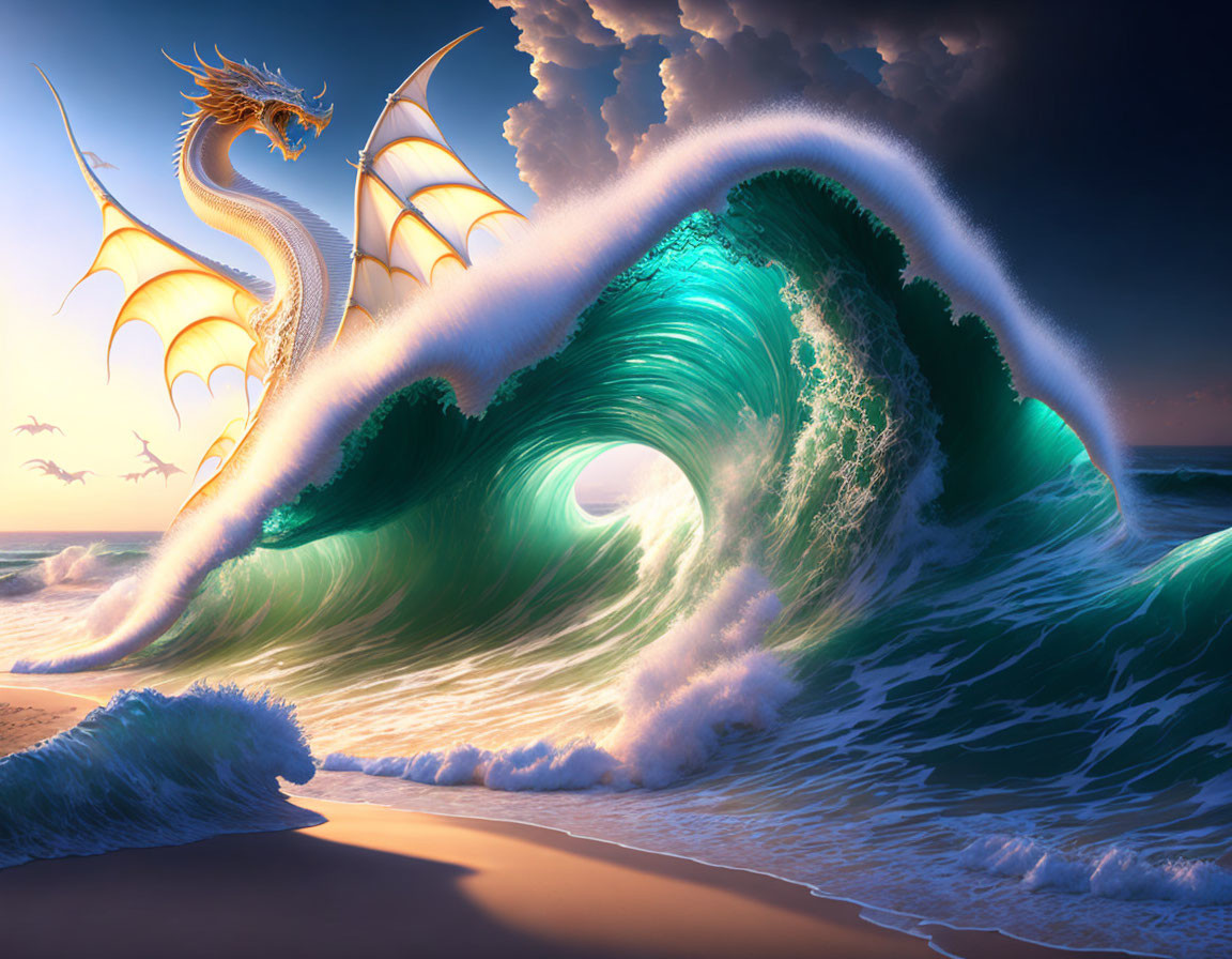 Majestic dragon over dynamic sea with towering waves at sunset