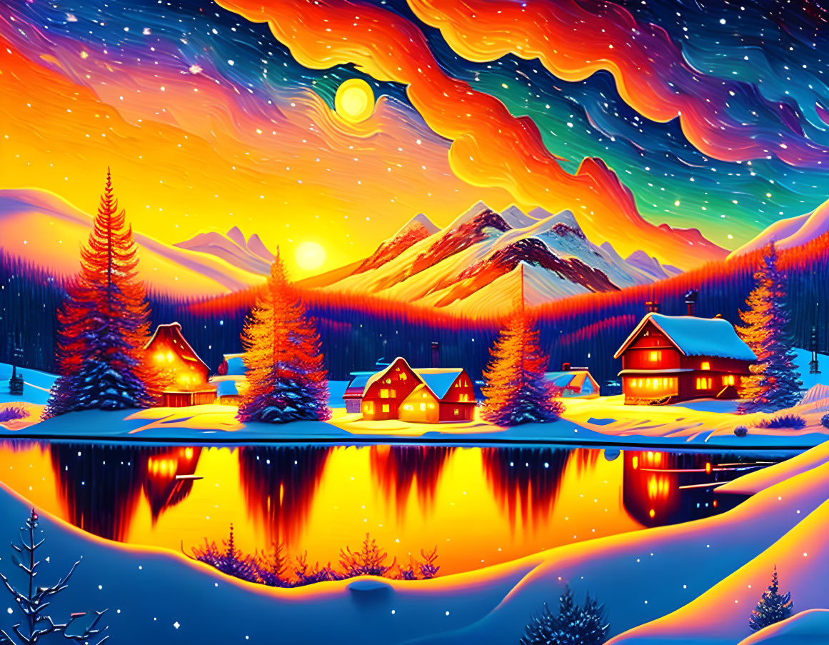 Colorful digital artwork: Snowy winter scene with cabins, lake, starry sky