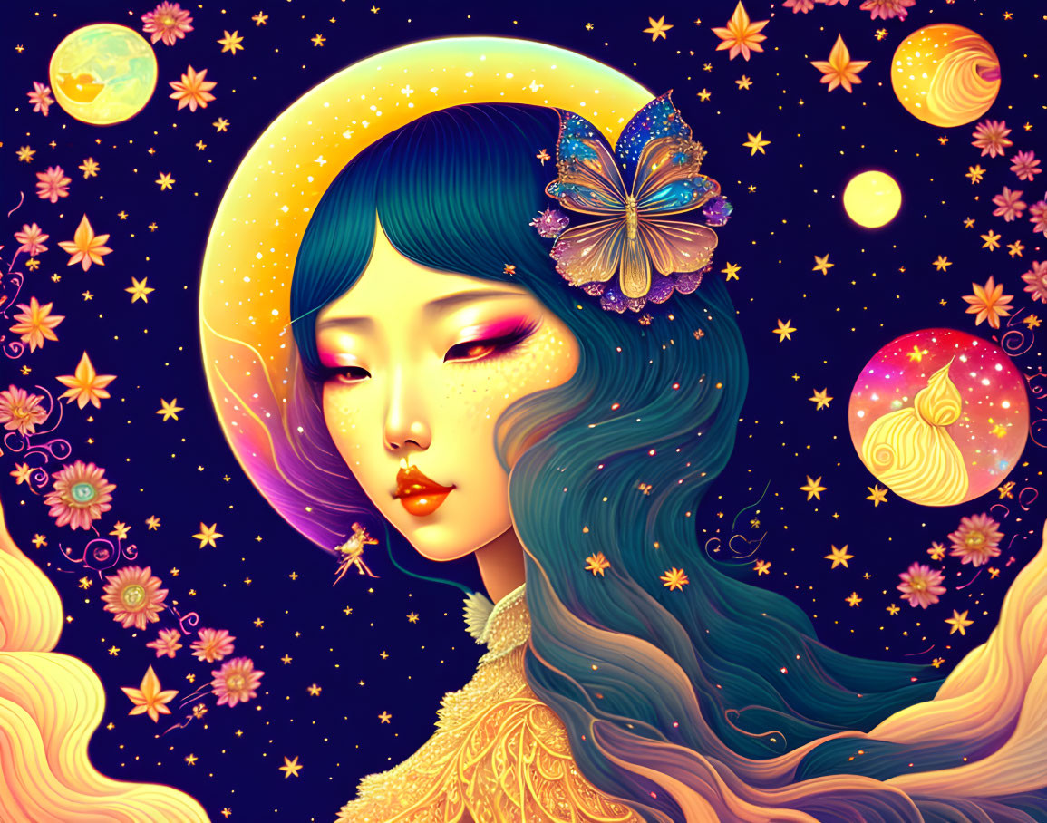 Blue-haired woman portrait with butterfly in cosmic setting