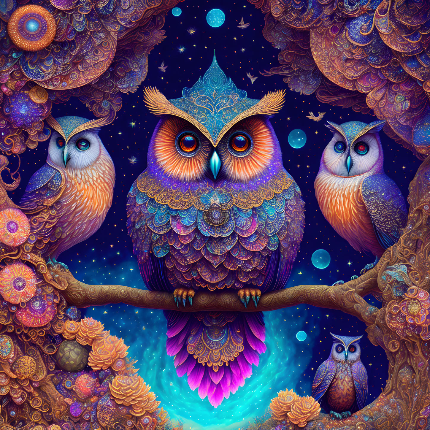 Colorful Illustration of Three Owls in Mystic Forest Setting