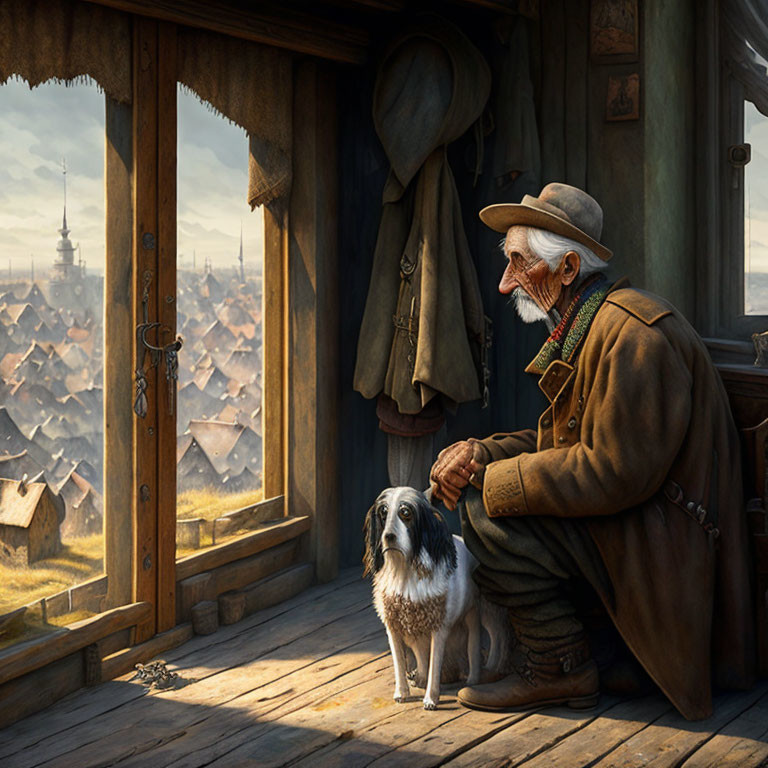 Elderly man with dog in rustic cabin gazes at village scenery