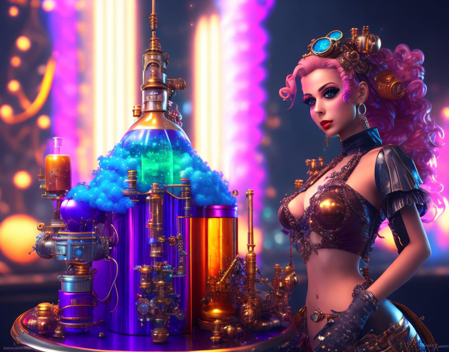 Steampunk-themed illustration of woman with pink hair and goggles surrounded by machinery and blue chemical reactions