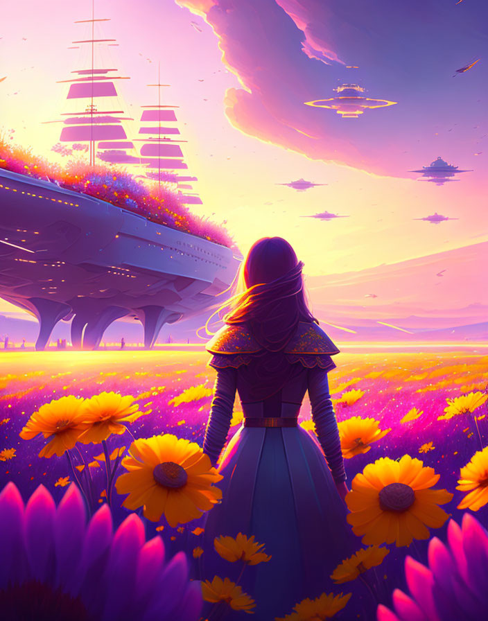 Woman in Yellow Flower Field Observing Futuristic Ship in Purple-Pink Sky