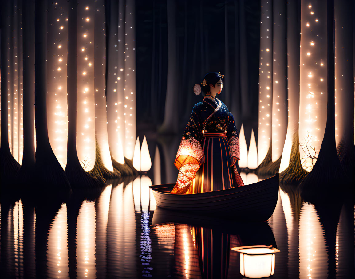 Traditional Japanese attire woman in boat on serene lake with hanging lights