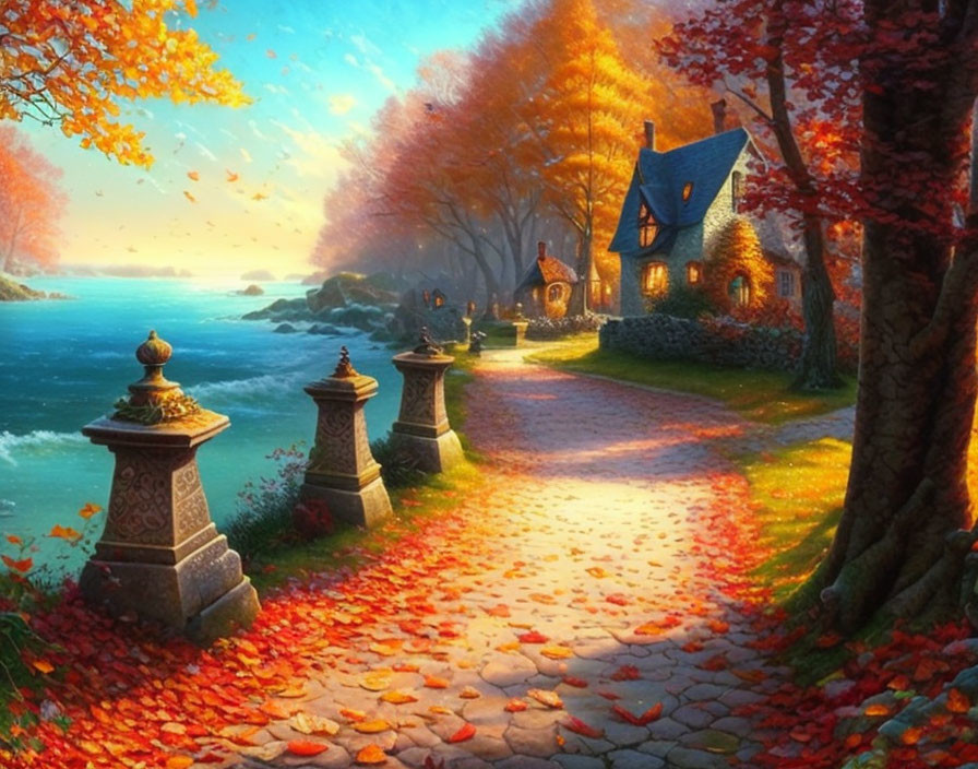 Tranquil autumn landscape with cottage by the sea