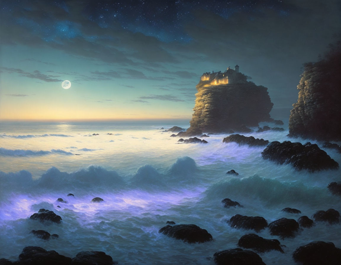 Moonlit night seascape with glowing castle on rocky island and bioluminescent waves.