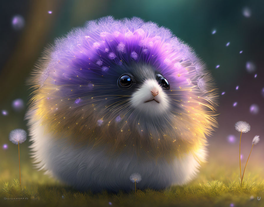 Fluffy, round creature with star-filled fur in dandelion field