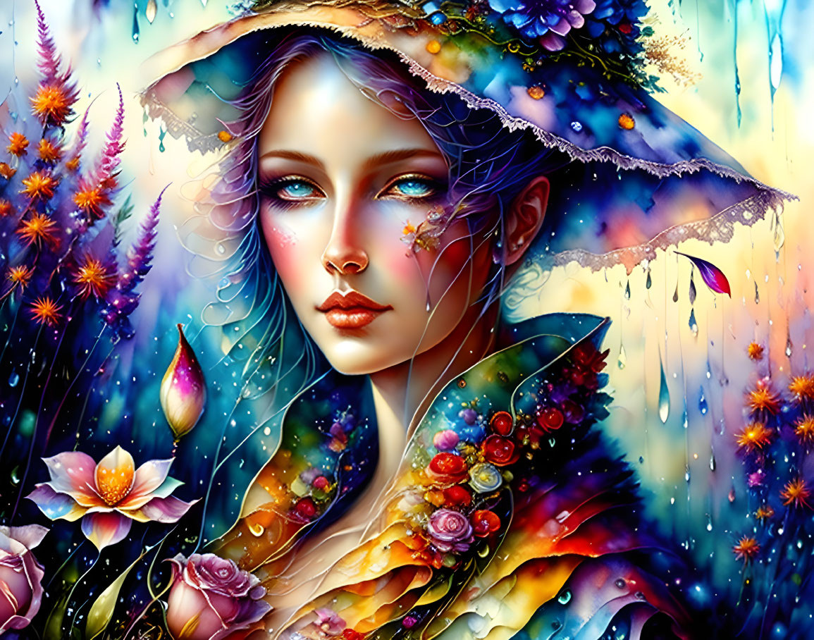 Colorful fantasy artwork featuring woman with floral elements and whimsical background