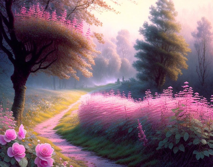 Serene landscape with pink flowers, trees, and misty light