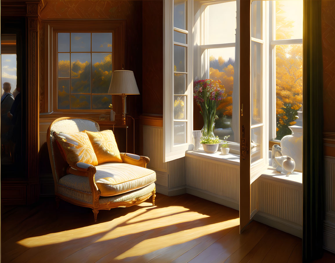 Vintage Room with Armchair, Flowers, and Autumn View