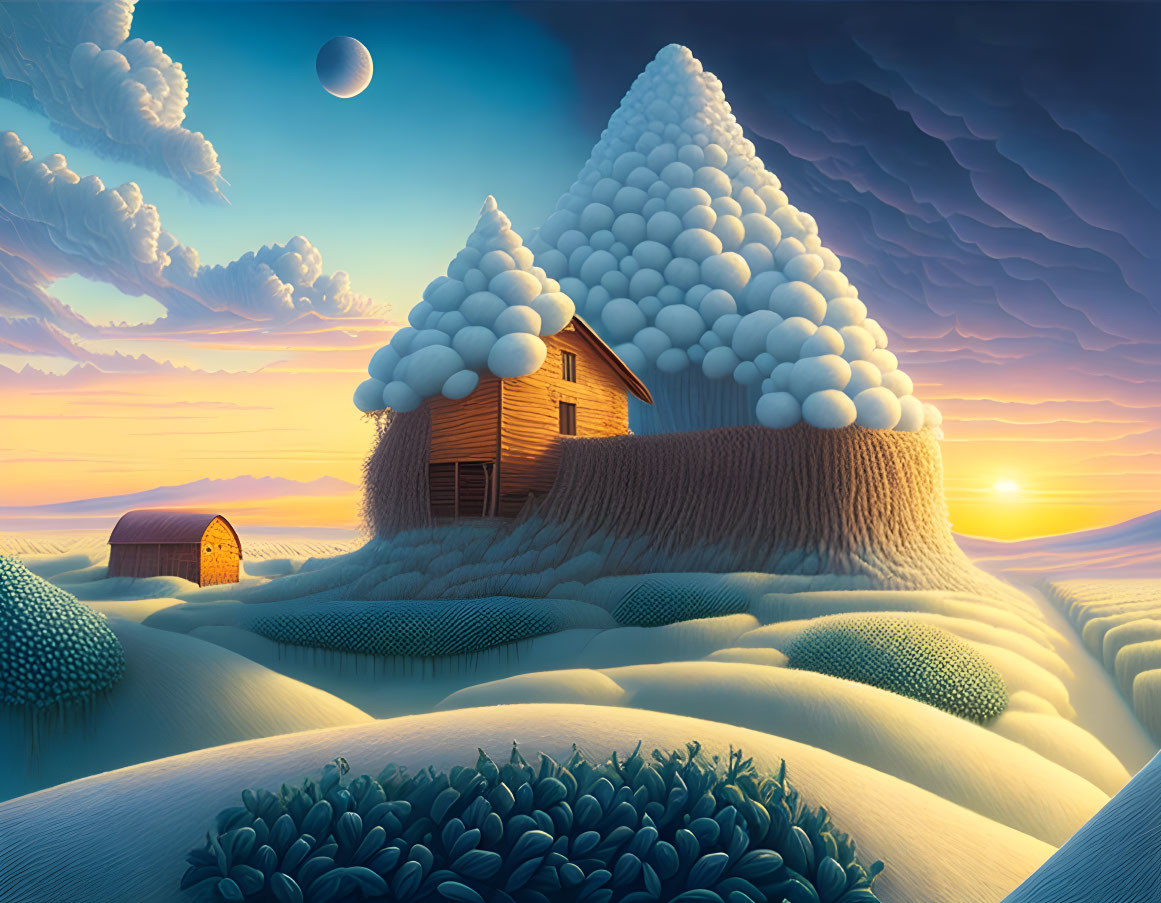 Surreal landscape with wooden cabin, oversized snow-like spheres, setting sun, and crescent moon