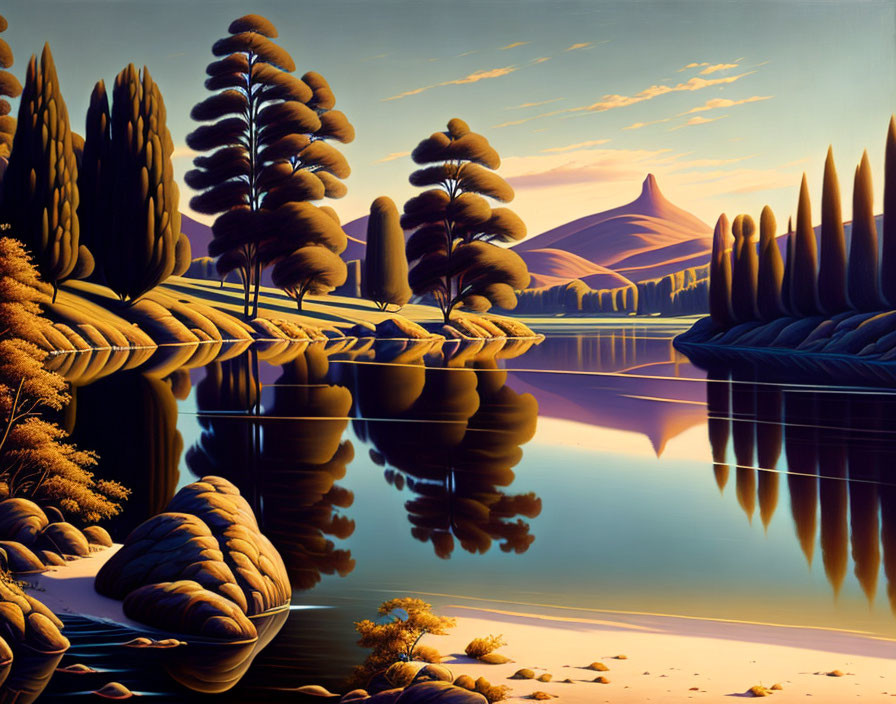 Vibrant sunset landscape with vertical trees by calm river