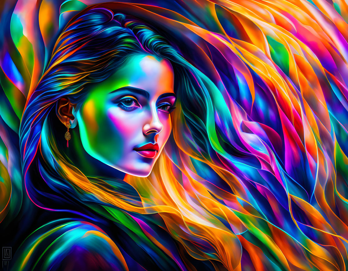 Colorful digital portrait of a woman with multicolored hair on vibrant backdrop