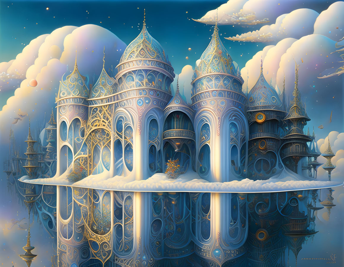 Fantasy castle with domed towers above reflective water