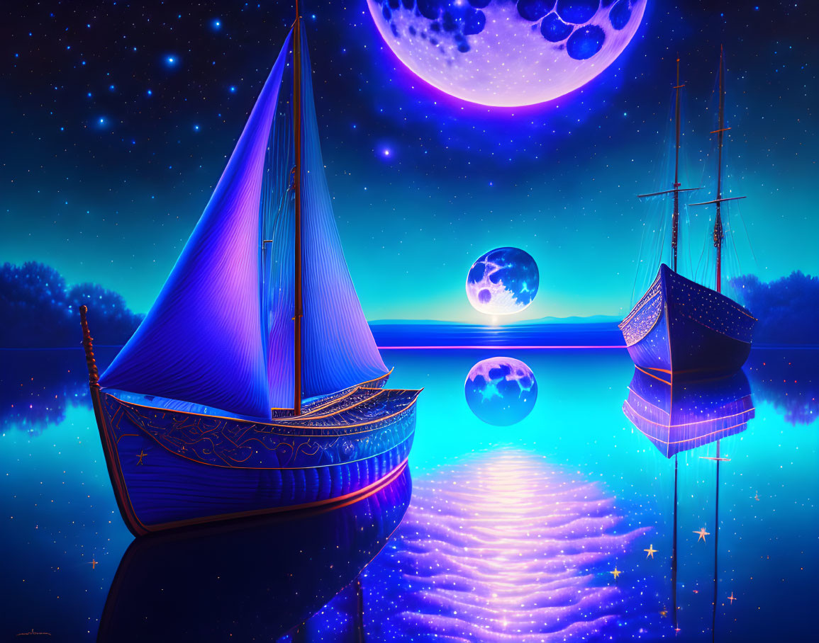 Multiple moons and stars illuminate ships on tranquil sea.