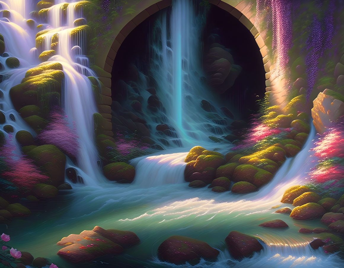 Fantasy landscape with cascading waterfall and mystical cave