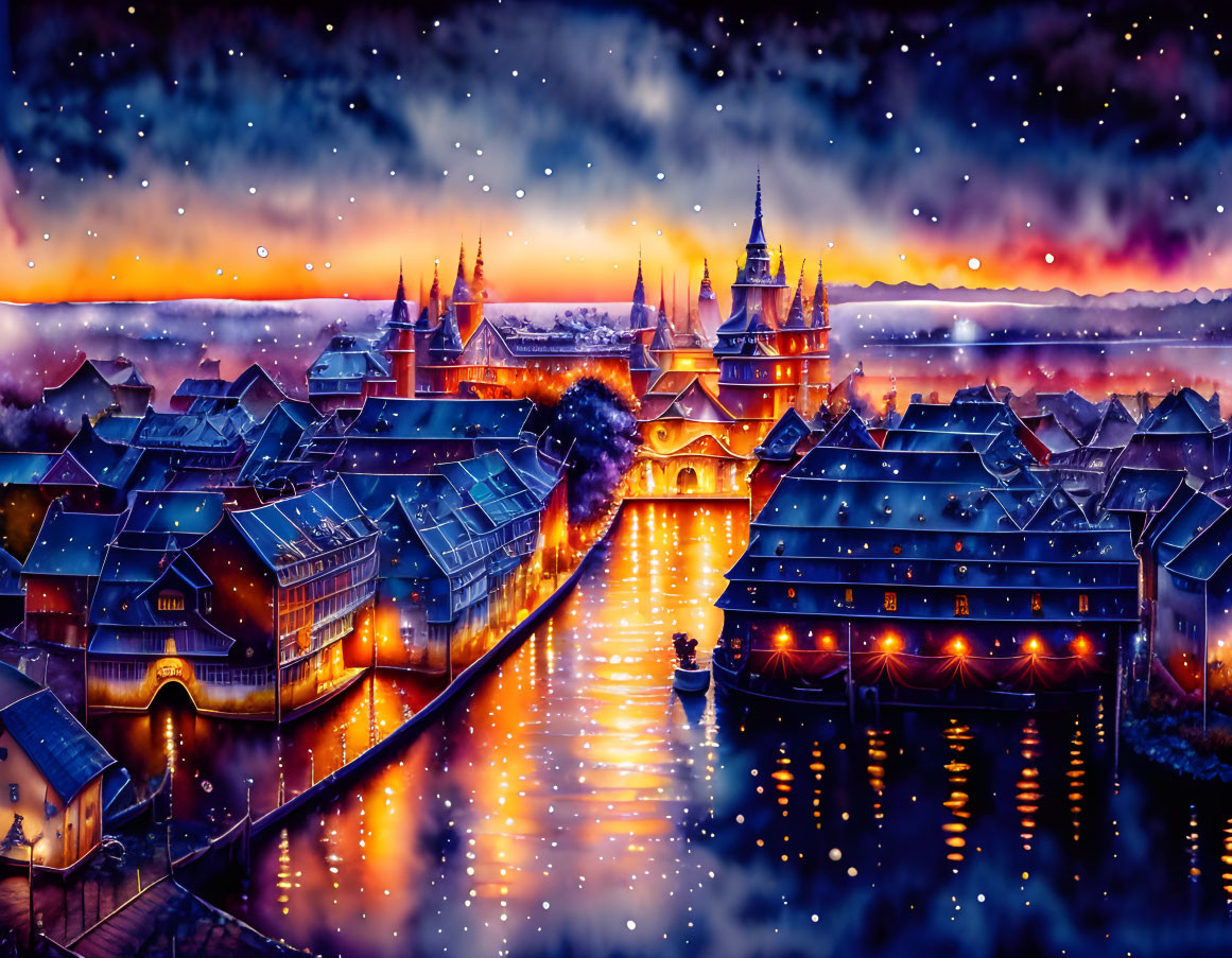 Mythical village illustration: illuminated buildings by river under starry sky