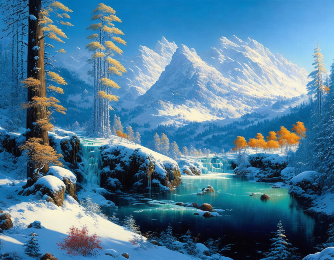 Snow-covered mountains, frozen river, pine trees, golden leaves - serene winter landscape