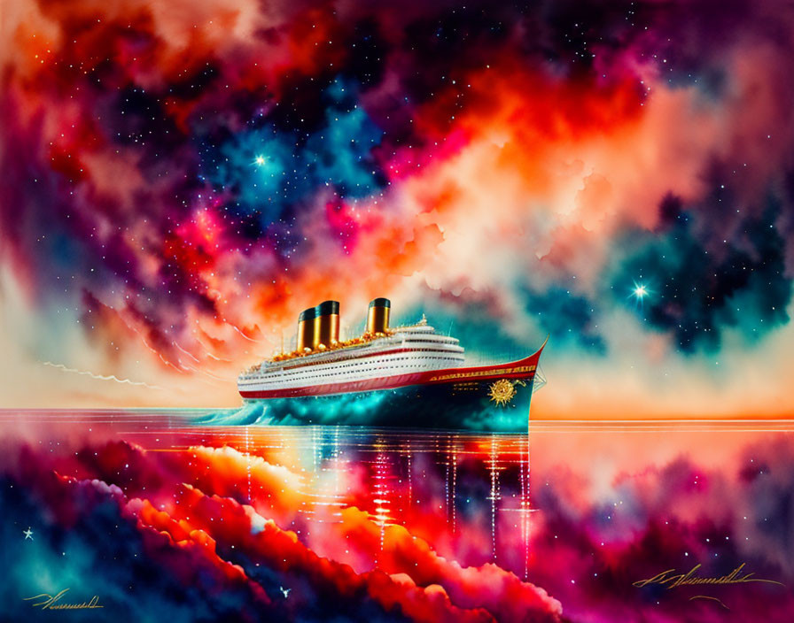 Colorful ocean liner sailing under starry sky with clouds and water reflections