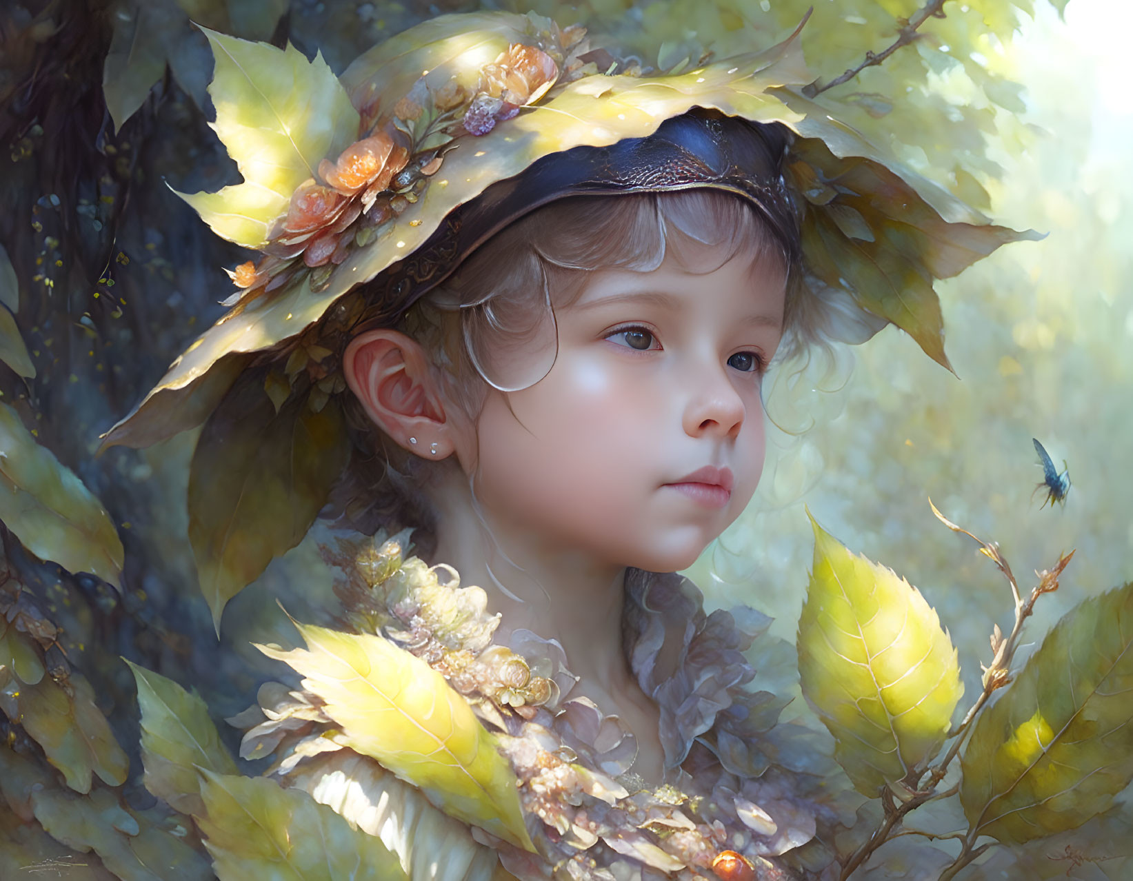 Digital artwork: Young child in nature-inspired attire with leaves, gazing softly.