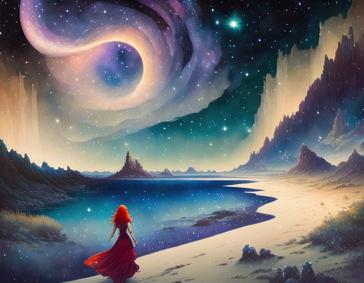 Person in Red Clothing by Serene Lake Under Starry Sky with Spiral Galaxy