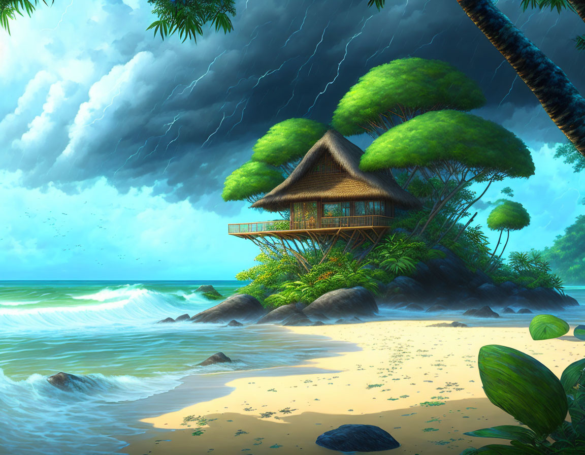 Illustration of tropical beach with hut, rocks, greenery, stormy sky, lightning