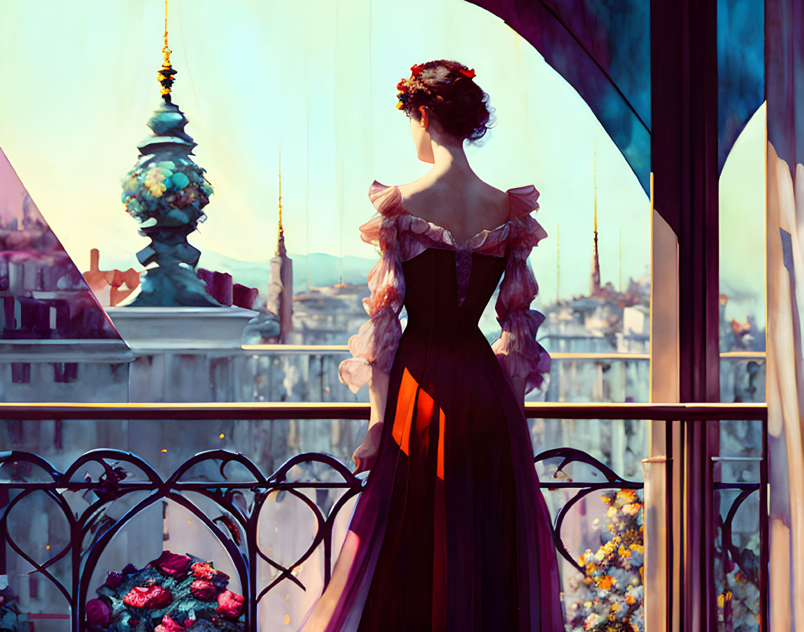 Vintage-dressed woman gazes at cityscape from balcony in soft light