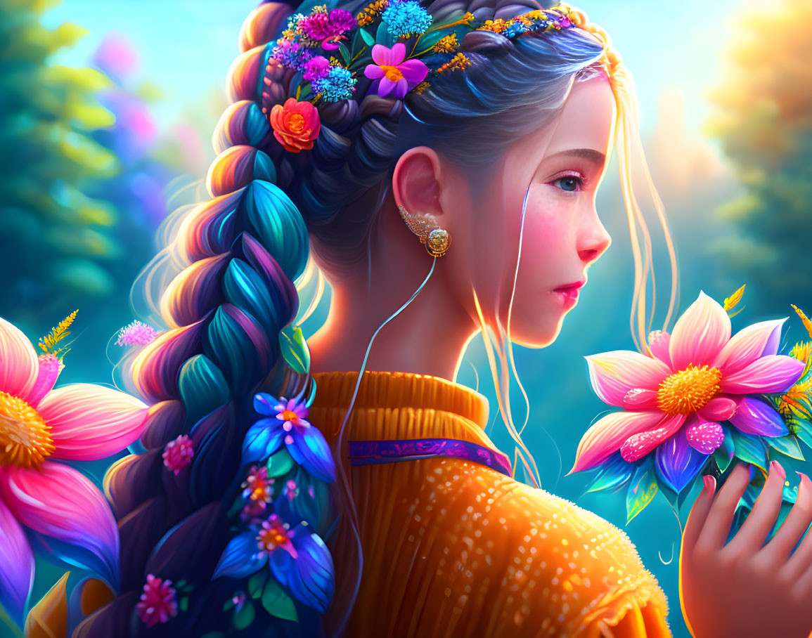 Colorful illustration of girl with blue braided hair and flowers in enchanted setting