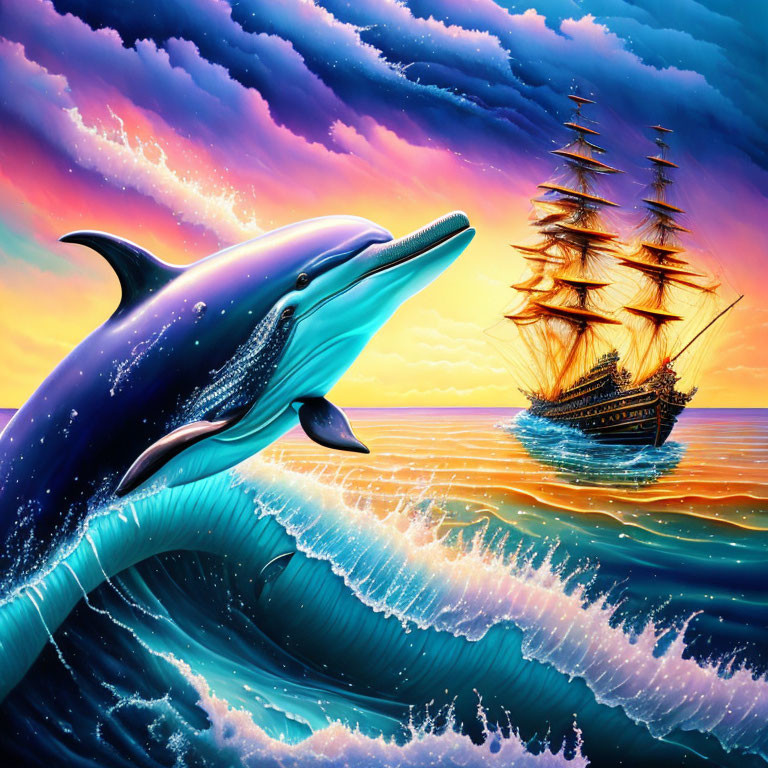 Colorful artwork of dolphin leaping over ocean waves at sunset