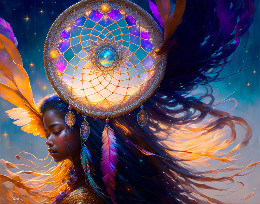 Woman with feathered adornments and dreamcatcher in mystical, starry setting