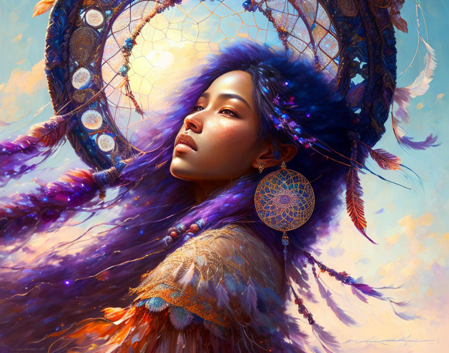 Ethereal portrait of woman with blue and purple feathers and dreamcatcher earring