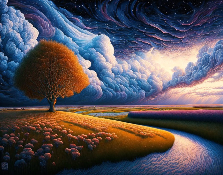 Vibrant tree in surreal landscape with colorful fields and dynamic clouds