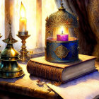 Antique book open under lit candle in ornate blue holder