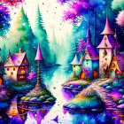 Colorful Mushroom-Shaped Village Illustration with Magical Elements